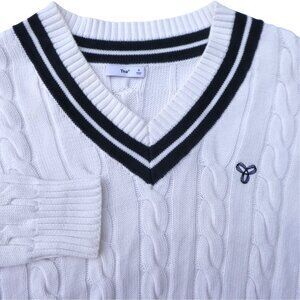 TNA White Varsity Tennis 3D Cable Knit Sweater V Neck Pullover Cotton Blend S